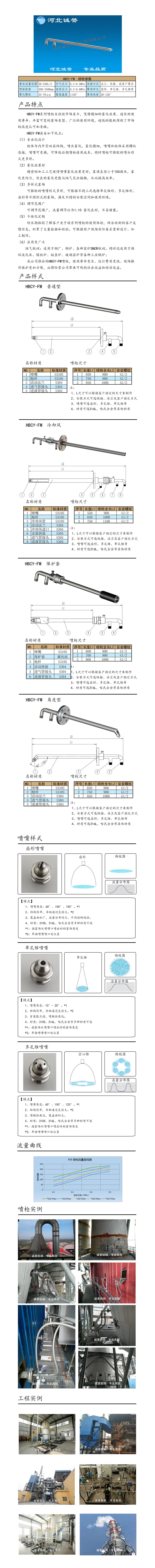 電廠脫硝噴槍保護(hù)套、噴槍參數(shù)、材質(zhì)尺寸、流量分布圖、扇形空心錐俯視圖介紹，以及噴槍霧化視頻展示和工程案例介紹